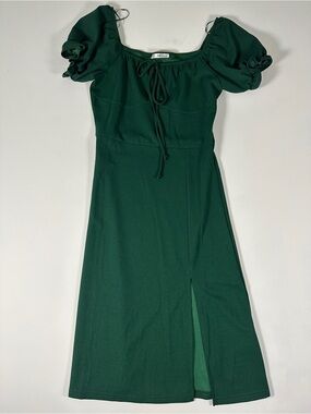 Puff Sleeve Midi Dress in Forest Green with tied bow